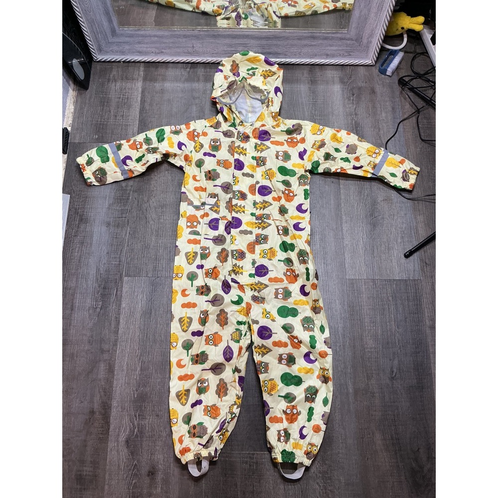 Kids Owl Print Hooded Rain Suit Yellow Size M Reflective One Piece